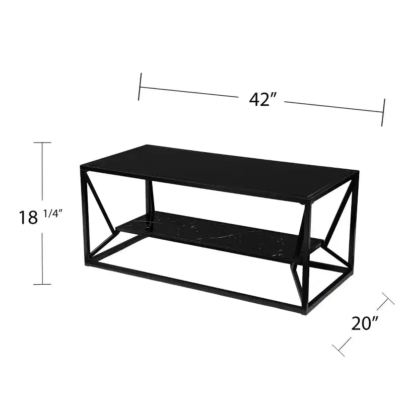 Table basse cocktail avec plateau en verre et rangement, noir
