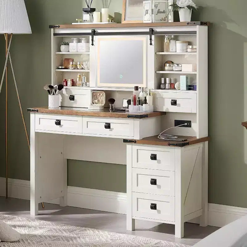 SinCiDo 48 Farmhouse Makeup Vanity Desk w/ Sliding High Definition Mirrors, Charging Station, LED Lights, 7 Drawers & Shelves, Bedroom Vanity Desk