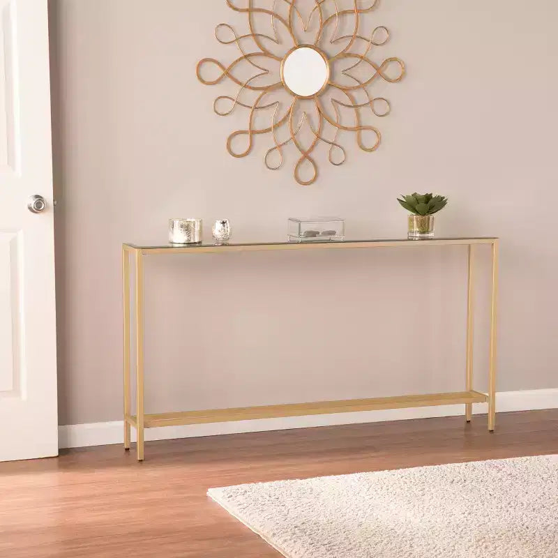 Console étroite et longue avec plateau miroir doré