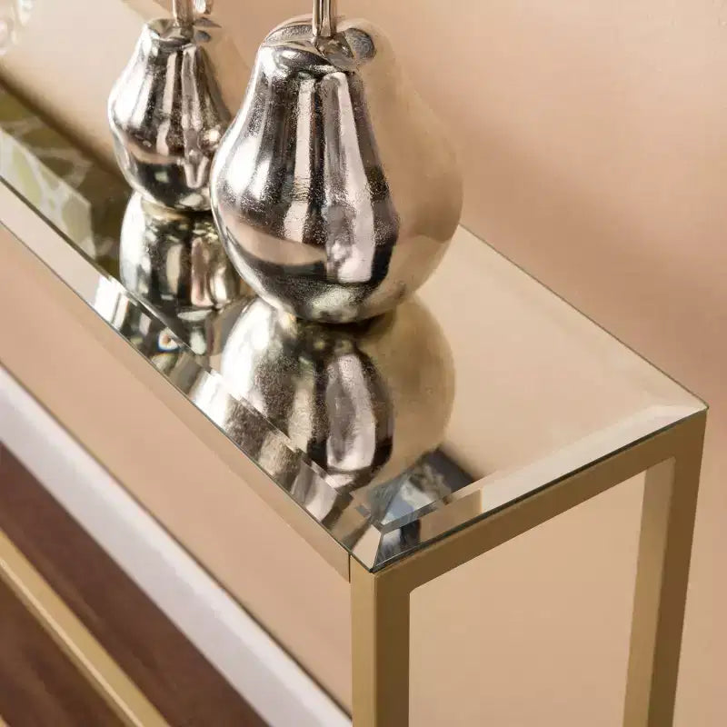 Console étroite et longue avec plateau miroir doré