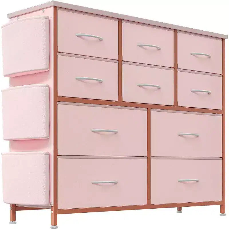 Commode en tissu à 10 tiroirs avec plateau en bois, poches latérales et crochets pour chambre à coucher
