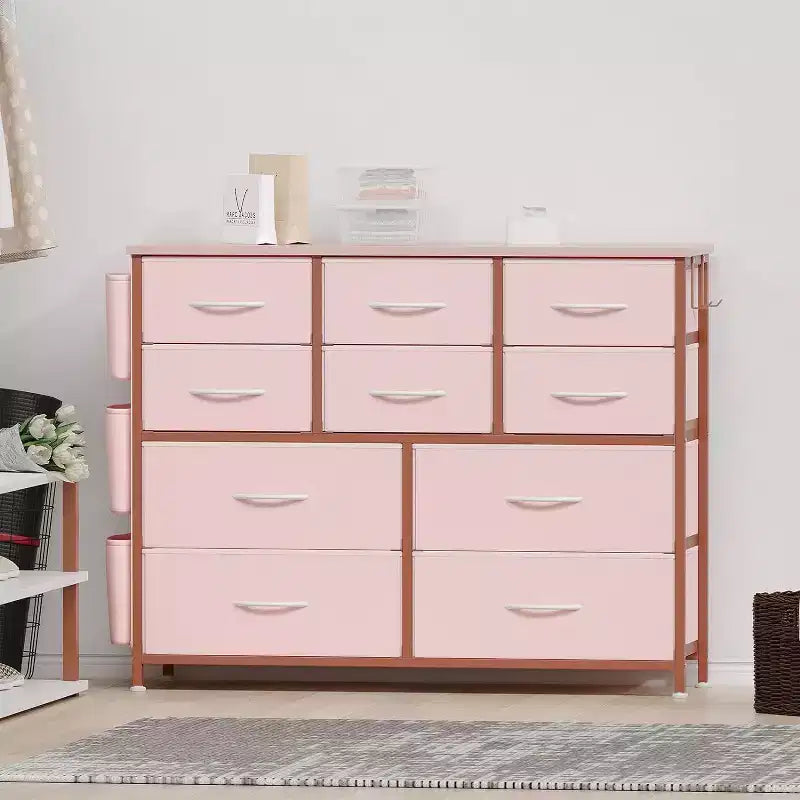 Commode en tissu à 10 tiroirs avec plateau en bois, poches latérales et crochets pour chambre à coucher