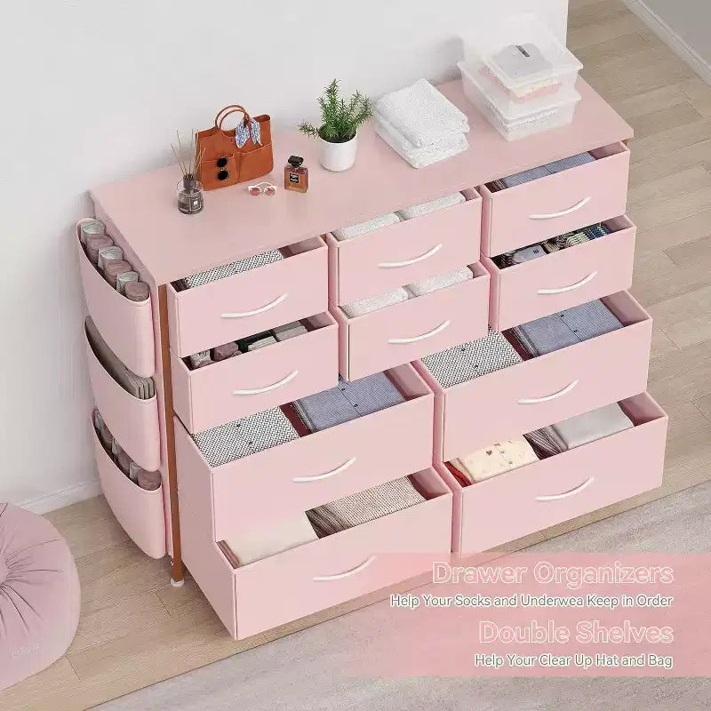 Commode en tissu à 10 tiroirs avec plateau en bois, poches latérales et crochets pour chambre à coucher