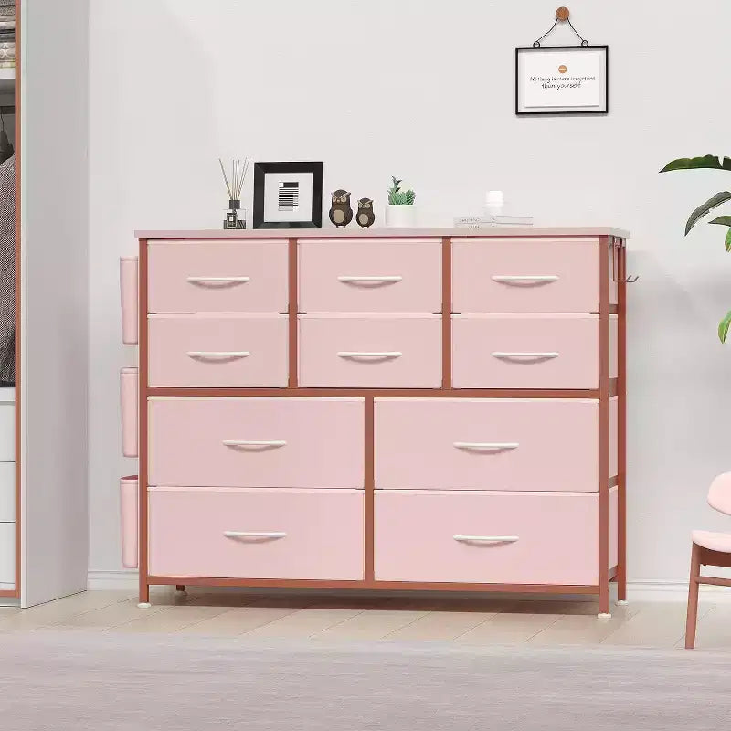 Commode en tissu à 10 tiroirs avec plateau en bois, poches latérales et crochets pour chambre à coucher