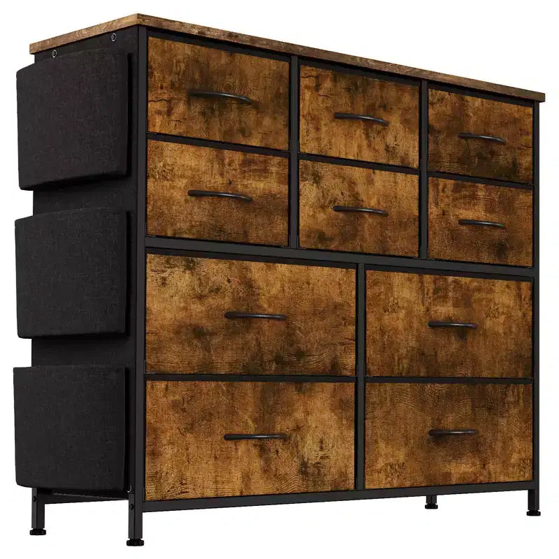 Commode en tissu à 10 tiroirs avec plateau en bois, poches latérales et crochets pour chambre à coucher