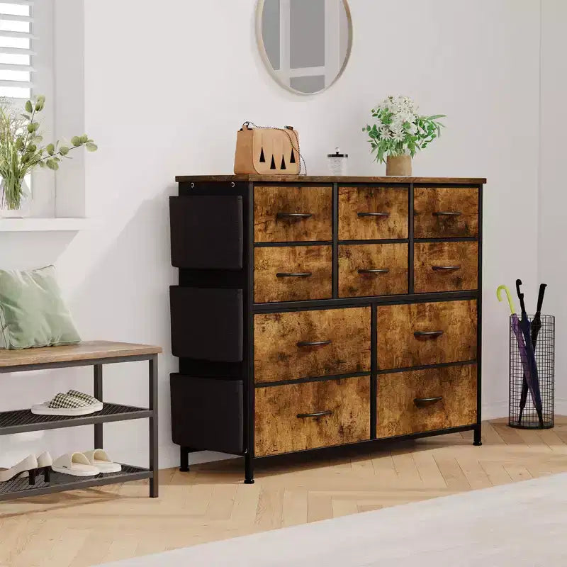 Commode en tissu à 10 tiroirs avec plateau en bois, poches latérales et crochets pour chambre à coucher