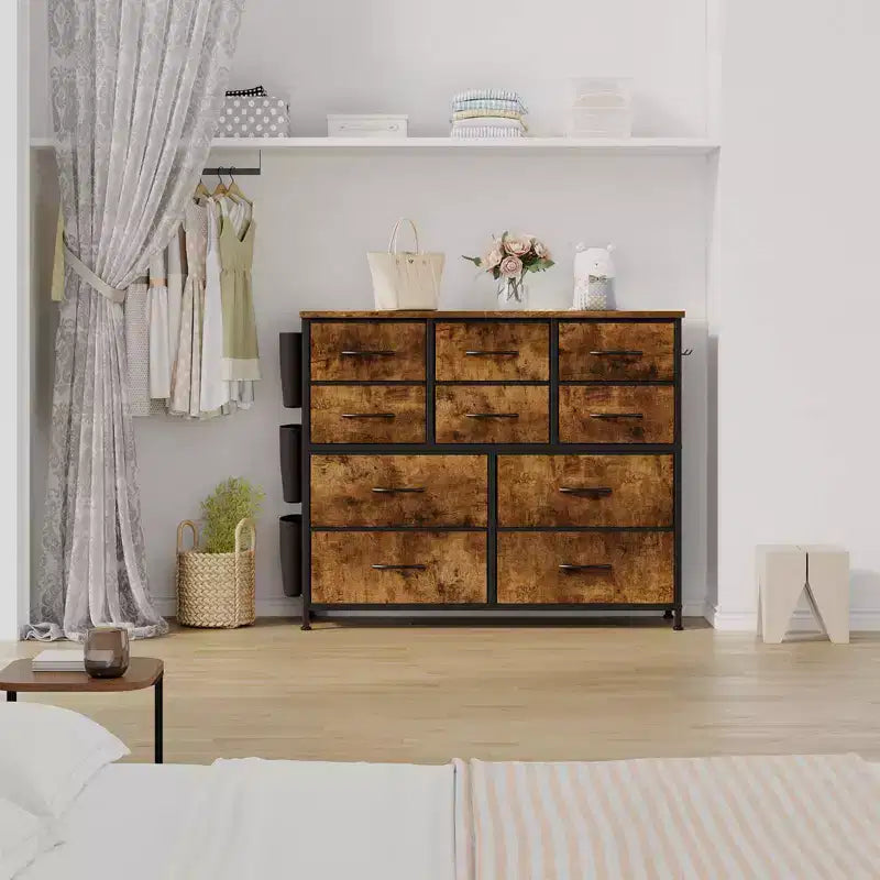 Commode en tissu à 10 tiroirs avec plateau en bois, poches latérales et crochets pour chambre à coucher