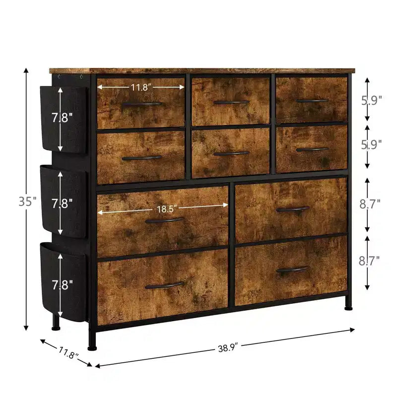 Commode en tissu à 10 tiroirs avec plateau en bois, poches latérales et crochets pour chambre à coucher