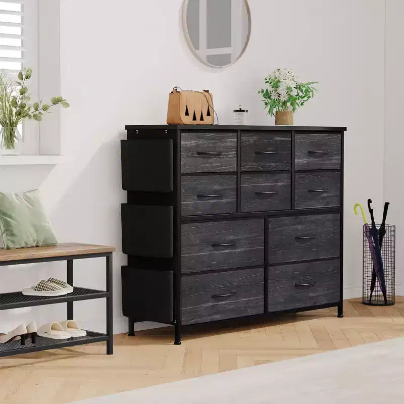 Commode en tissu à 10 tiroirs avec plateau en bois, poches latérales et crochets pour chambre à coucher