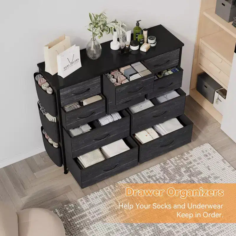 Commode en tissu à 10 tiroirs avec plateau en bois, poches latérales et crochets pour chambre à coucher