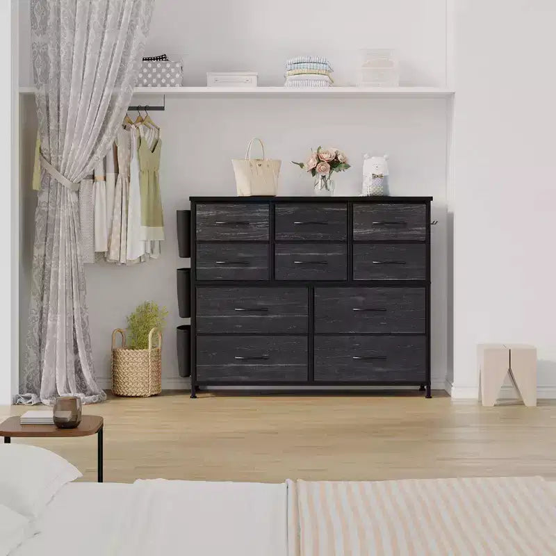 Commode en tissu à 10 tiroirs avec plateau en bois, poches latérales et crochets pour chambre à coucher