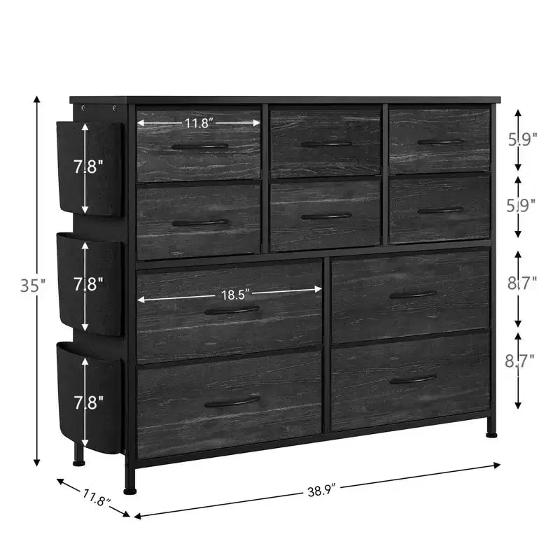 Commode en tissu à 10 tiroirs avec plateau en bois, poches latérales et crochets pour chambre à coucher