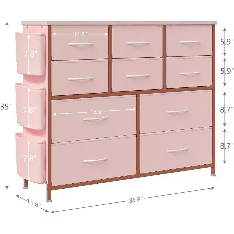 Commode en tissu à 10 tiroirs avec plateau en bois, poches latérales et crochets pour chambre à coucher