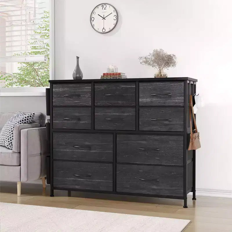 10-Drawer Fabric Dresser with Wood Tabletop, Side Pockets & Hooks for Bedroom, Closet or Hallway