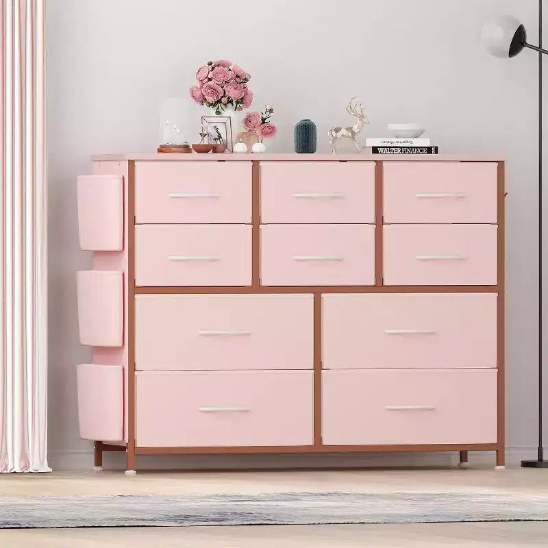Commode en tissu à 10 tiroirs avec plateau en bois, poches latérales et crochets pour chambre à coucher