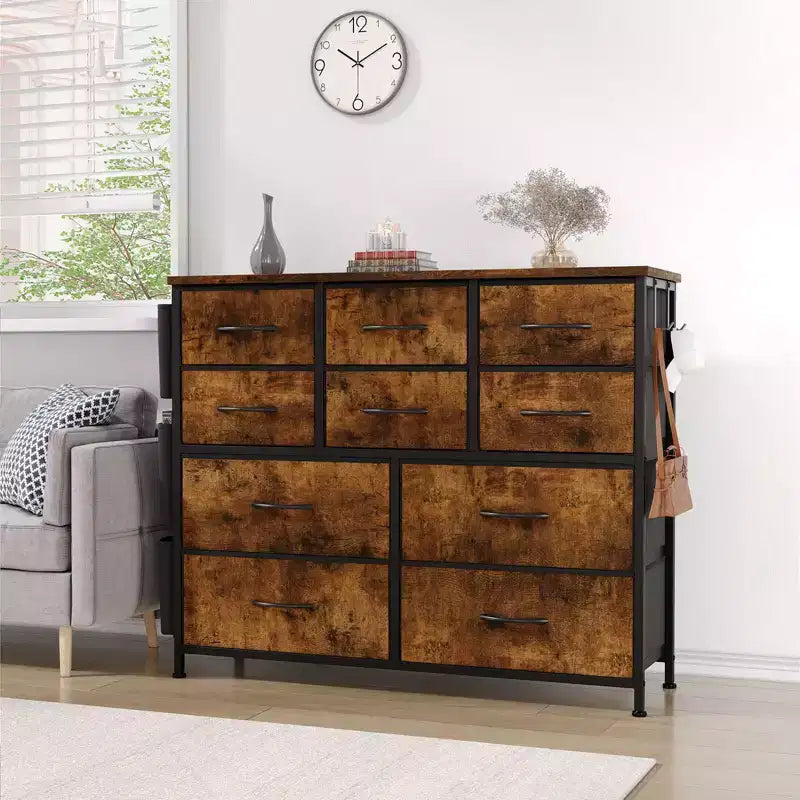 Commode en tissu à 10 tiroirs avec plateau en bois, poches latérales et crochets pour chambre à coucher