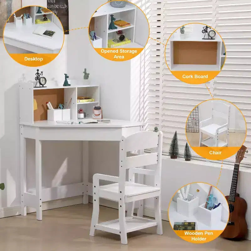 Bureau d'étude et chaise pour enfants, table d'étude d'angle pour enfants avec étagère supérieure