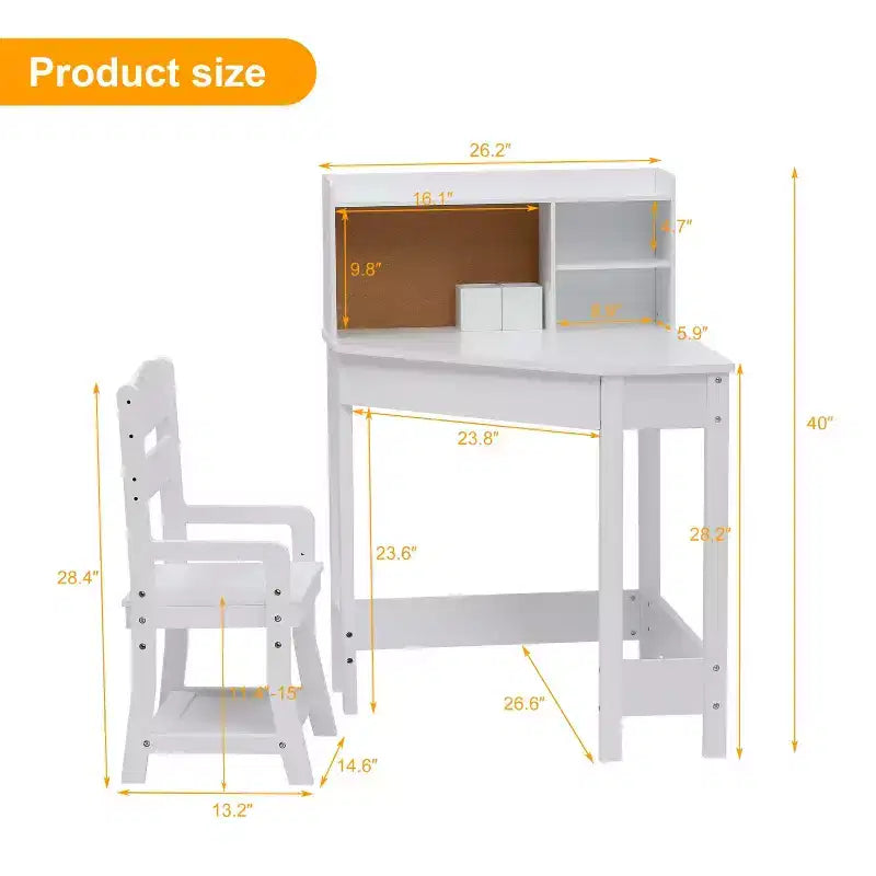 Bureau d'étude et chaise pour enfants, table d'étude d'angle pour enfants avec étagère supérieure