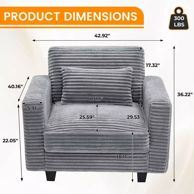 Fauteuil d'appoint surdimensionné en velours côtelé, fauteuil de canapé avec grande assise et accoudoirs larges