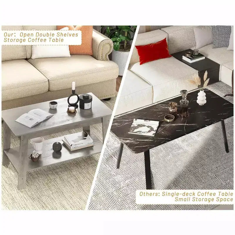 Table basse à 2 niveaux pour salon, Table basse avec étagère de rangement