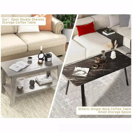 Table basse à 2 niveaux pour salon, Table basse avec étagère de rangement