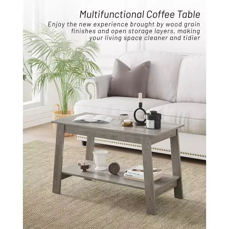Table basse à 2 niveaux pour salon, Table basse avec étagère de rangement