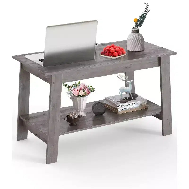 Table basse à 2 niveaux pour salon, Table basse avec étagère de rangement