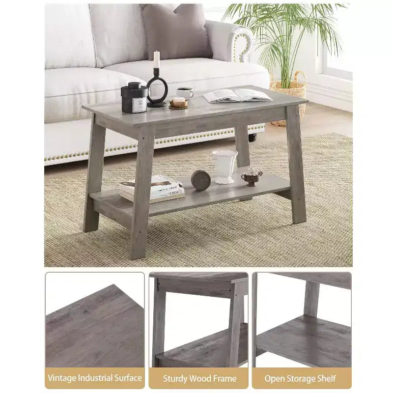 Table basse à 2 niveaux pour salon, Table basse avec étagère de rangement
