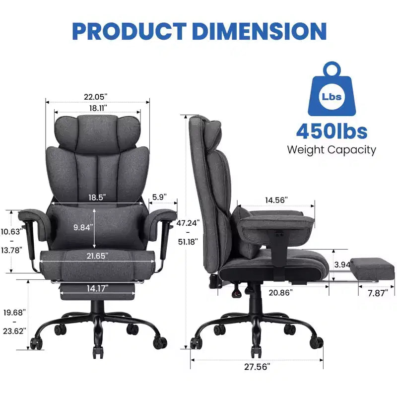 Chaise de bureau ergonomique en lin pour grandes tailles, 450 lb avec 2 points
