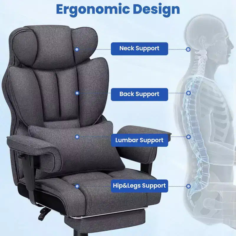 Chaise de bureau ergonomique en lin pour grandes tailles, 450 lb avec 2 points