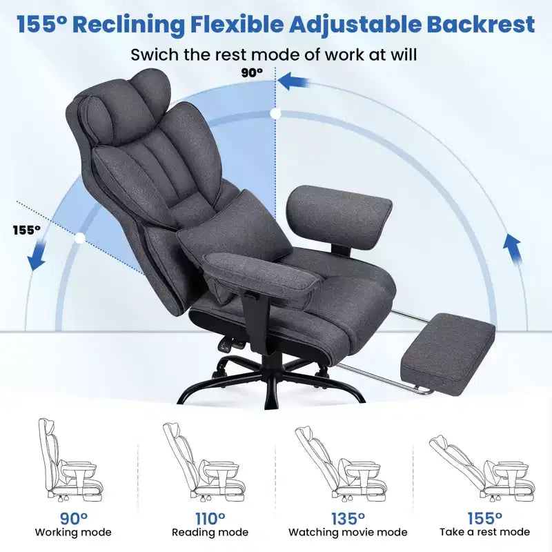 Chaise de bureau ergonomique en lin pour grandes tailles, 450 lb avec 2 points