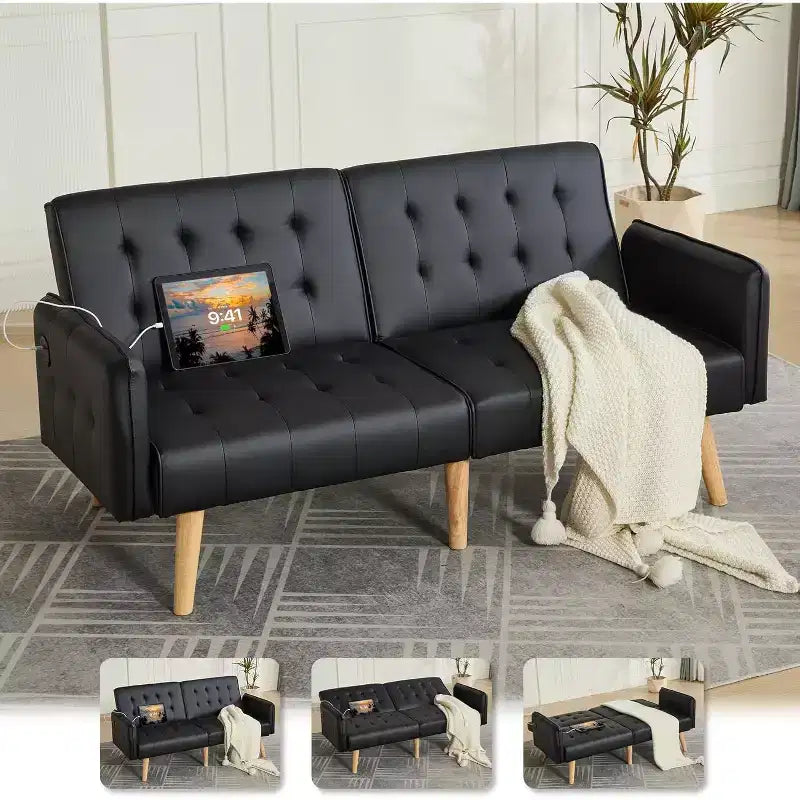 TYBOATLE 65 Convertible Faux Leather Futon Sofa Bed, Modern Upholstered Couch with USB, Folding Loveseat for Small Space, Apartment, Dorm, Office