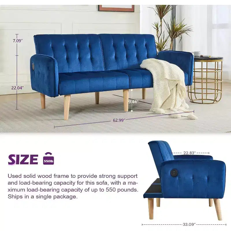 Canapé-lit futon convertible en similicuir, canapé rembourré moderne avec USB