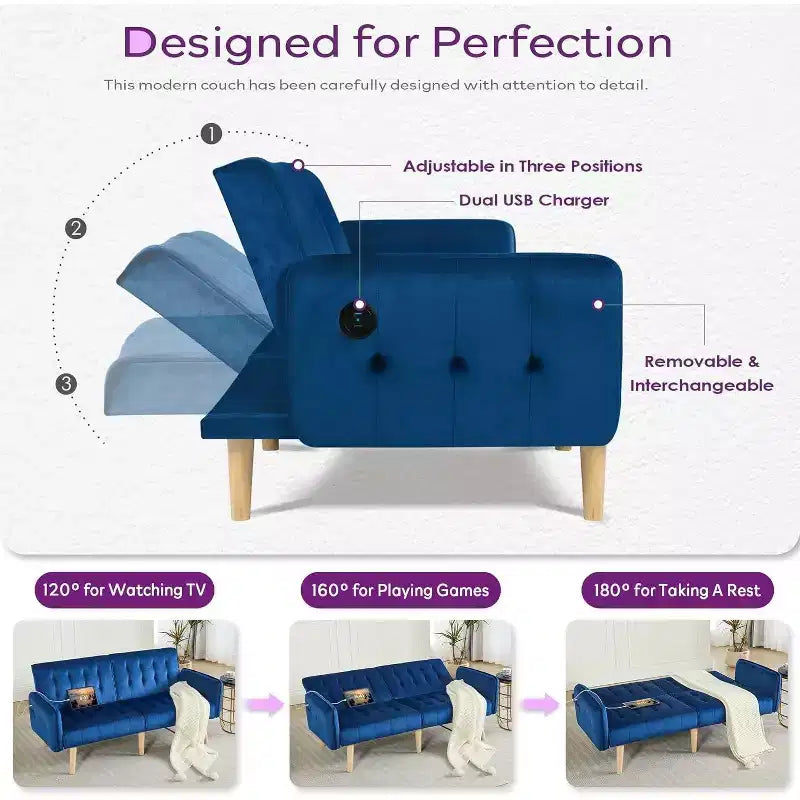 Canapé-lit futon convertible en similicuir, canapé rembourré moderne avec USB