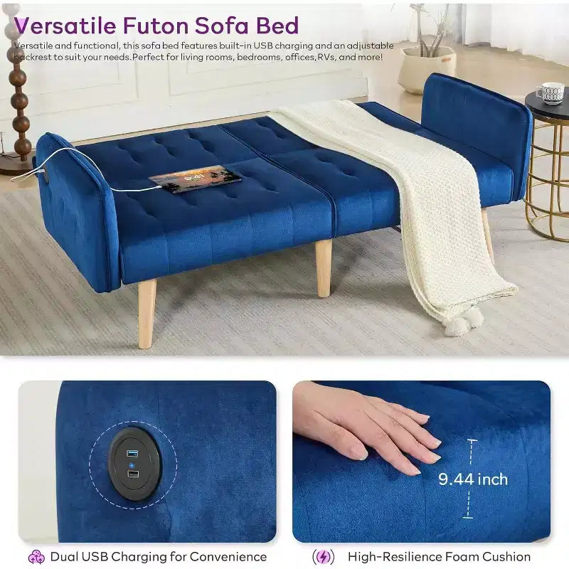 Canapé-lit futon convertible en similicuir, canapé rembourré moderne avec USB