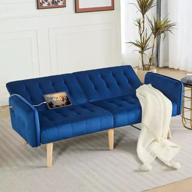 Canapé-lit futon convertible en similicuir, canapé rembourré moderne avec USB