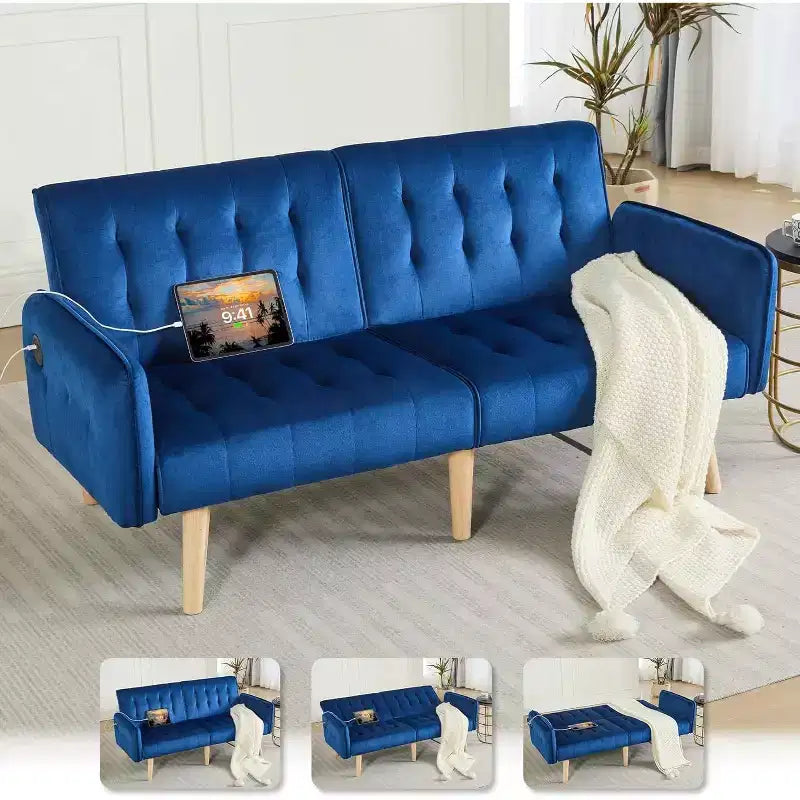 Canapé-lit futon convertible en similicuir, canapé rembourré moderne avec USB