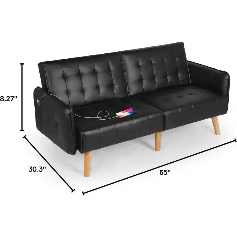 Canapé-lit futon convertible en similicuir, canapé rembourré moderne avec USB