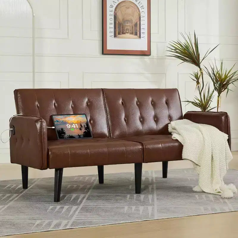 Canapé-lit futon convertible en similicuir, canapé rembourré moderne avec USB
