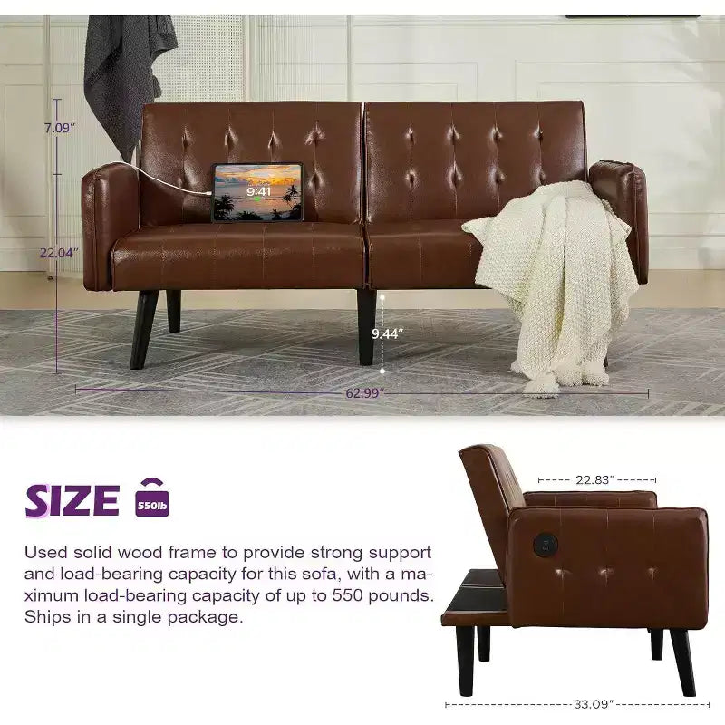 Canapé-lit futon convertible en similicuir, canapé rembourré moderne avec USB