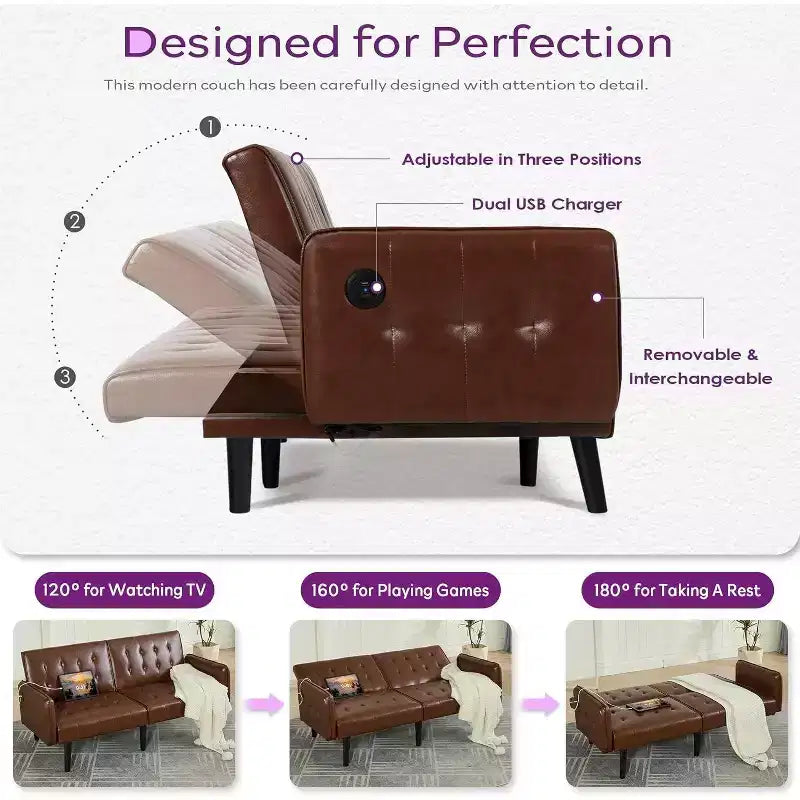 Canapé-lit futon convertible en similicuir, canapé rembourré moderne avec USB