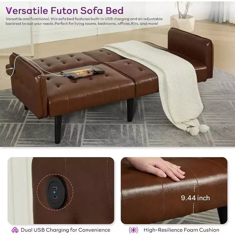 Canapé-lit futon convertible en similicuir, canapé rembourré moderne avec USB