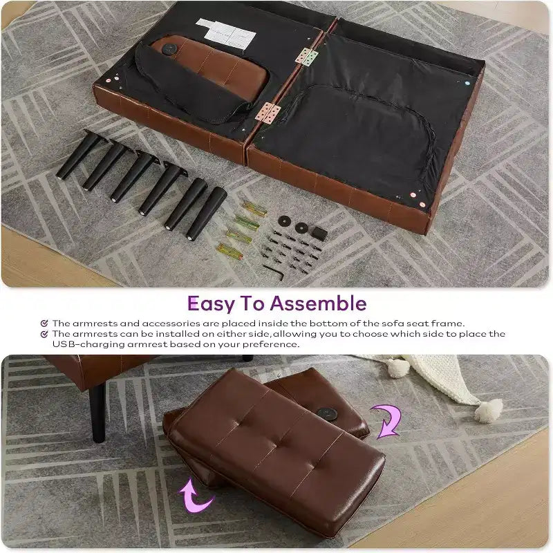 Canapé-lit futon convertible en similicuir, canapé rembourré moderne avec USB