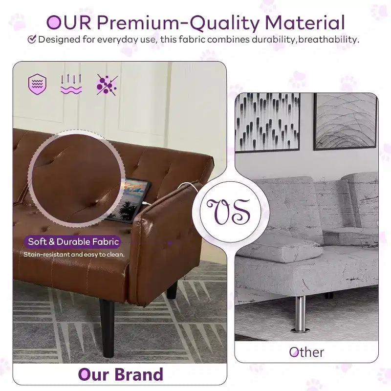 Canapé-lit futon convertible en similicuir, canapé rembourré moderne avec USB