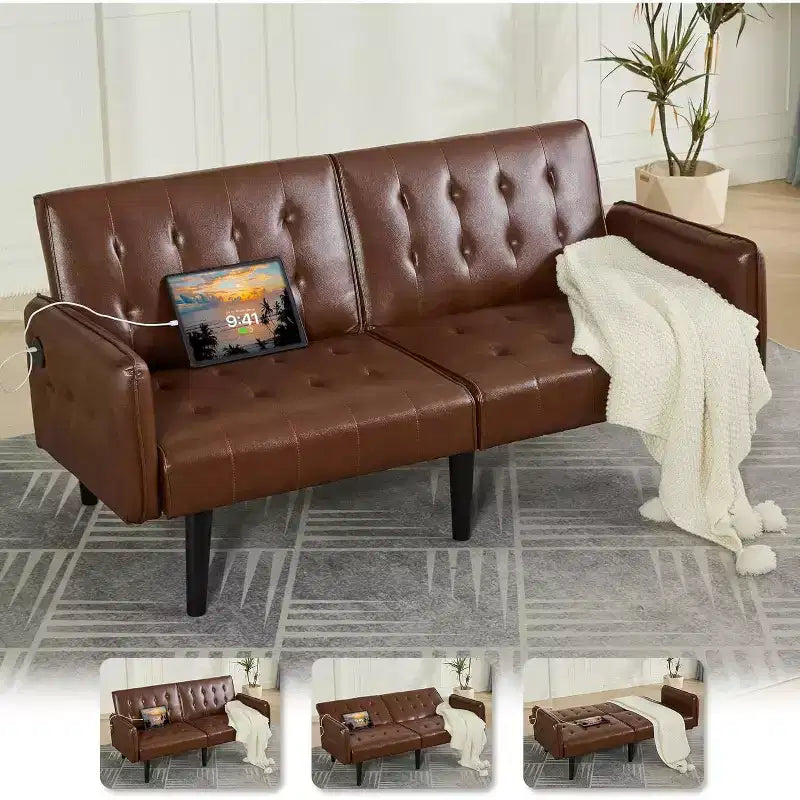 Canapé-lit futon convertible en similicuir, canapé rembourré moderne avec USB