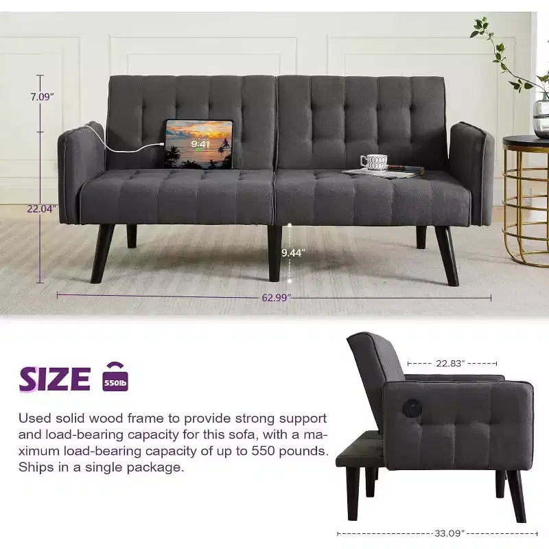 Canapé-lit futon convertible en similicuir, canapé rembourré moderne avec USB