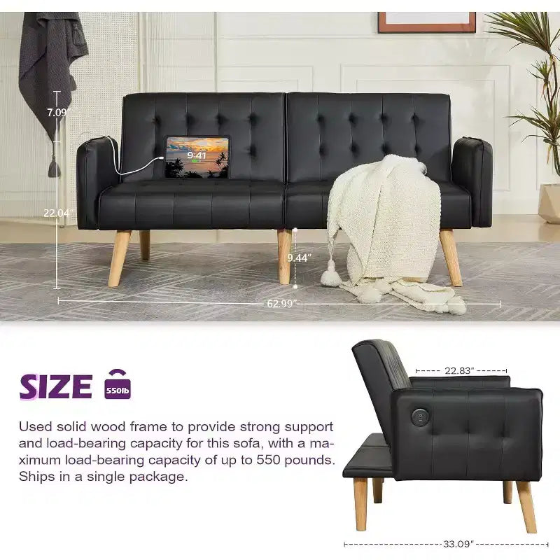 Canapé-lit futon convertible en similicuir, canapé rembourré moderne avec USB