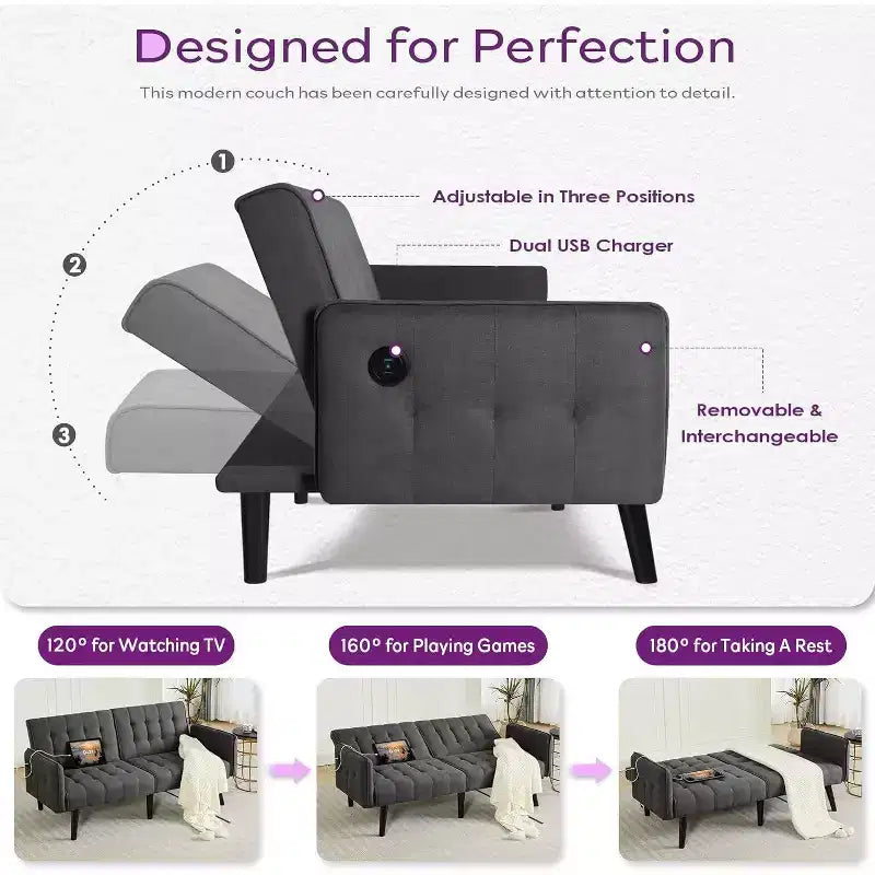 Canapé-lit futon convertible en similicuir, canapé rembourré moderne avec USB