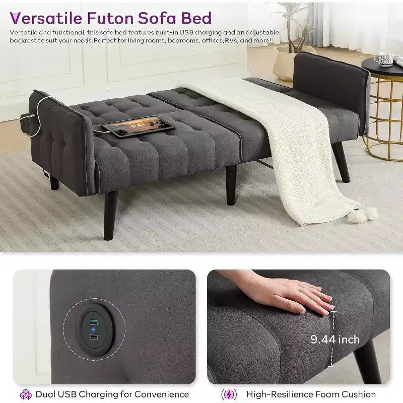 Canapé-lit futon convertible en similicuir, canapé rembourré moderne avec USB