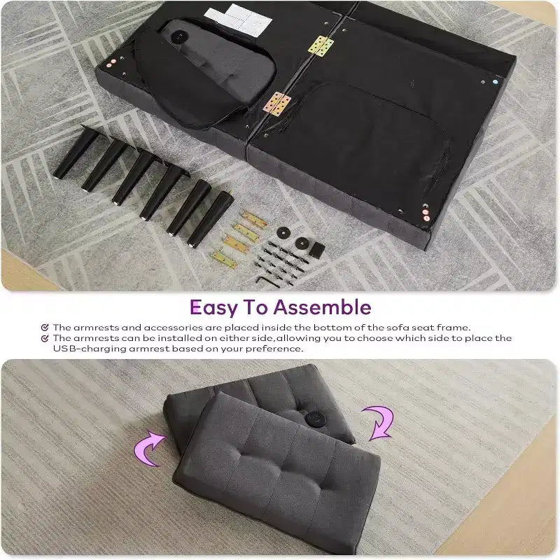 Canapé-lit futon convertible en similicuir, canapé rembourré moderne avec USB